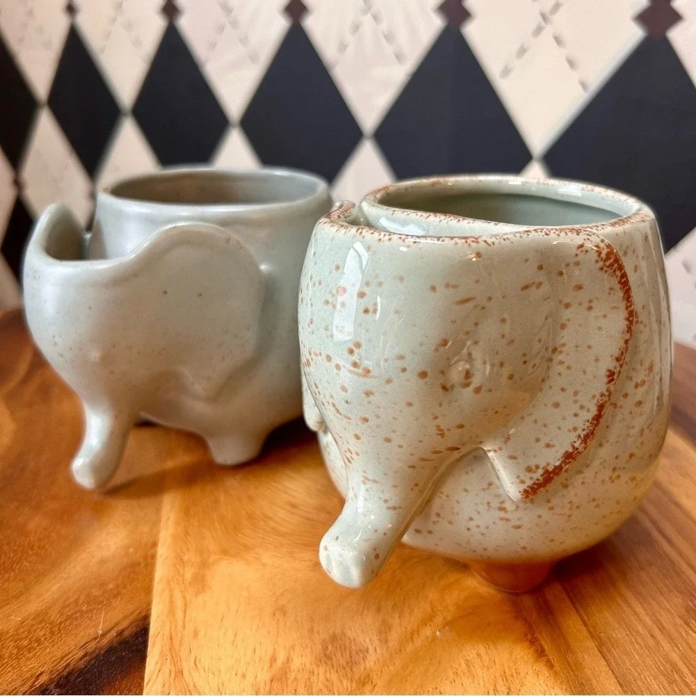 Elephant Ceramic Mugs Pair Pottery Cups with Tea Bag Holder‎ Pocket
